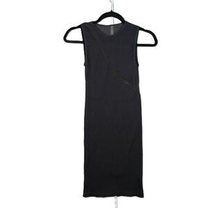 Minimalist Black Ribbed Sleeveless Bodycon Dress with Asymmetrical Mesh Inset